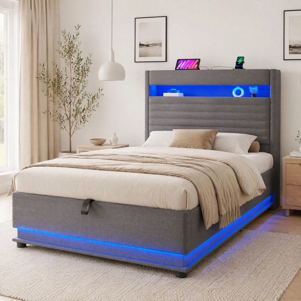 Letto contenitore 90 × 200 cm con illuminazione LED e porte USB Type-C rivestito in lino grigio