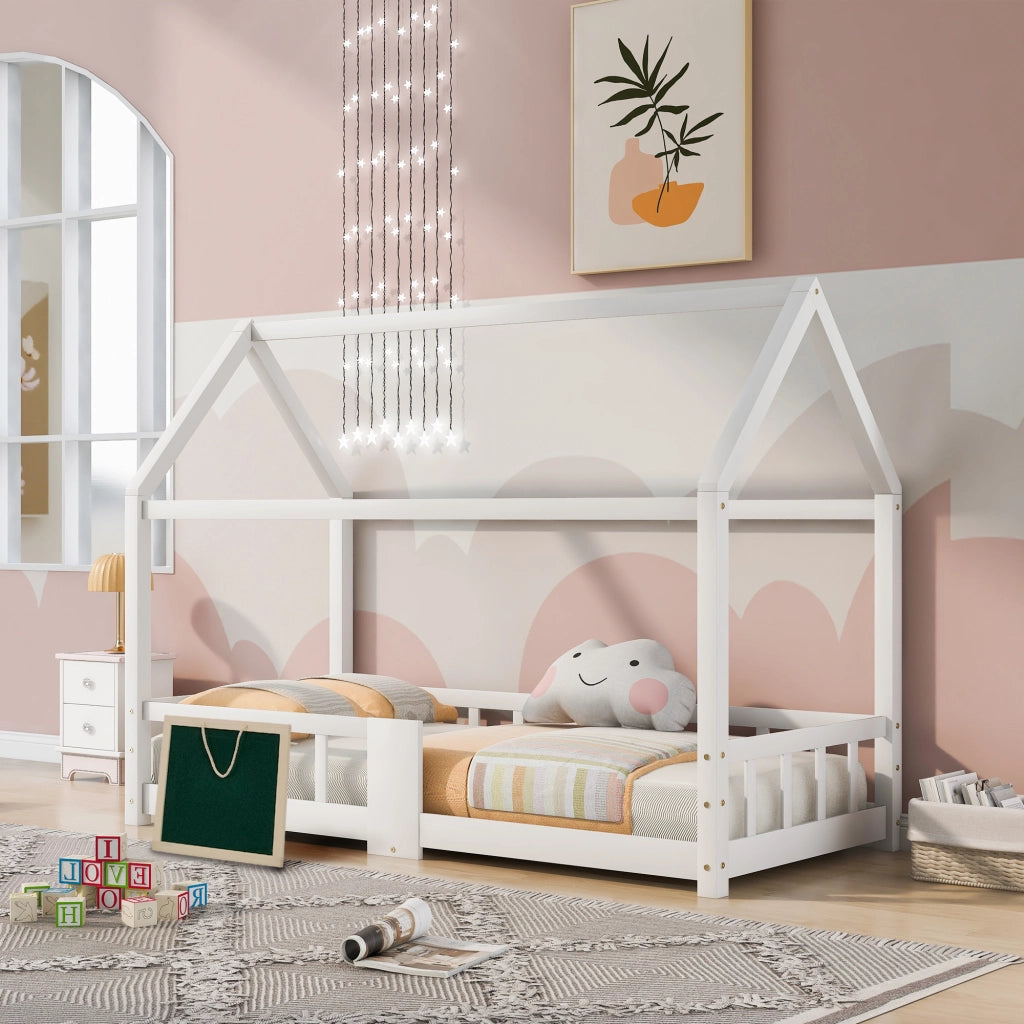 DESMIU Letto casetta bambino 90 × 200 cm con lavagna, sponda di sicurezza, senza materasso, legno massello, bianco