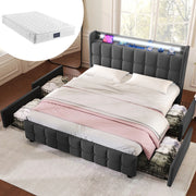 Letto 140x200 cm con LED, prese USB, 4 cassetti e rete a doghe in legno grigio