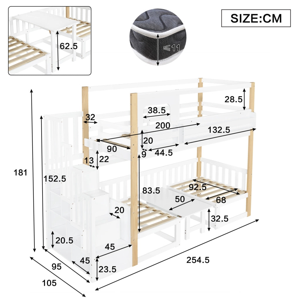 Letto a castello con scrivania regolabile in altezza, scala portaoggetti stabile, legno di pino e MDF, 90x200 cm bianco e naturale