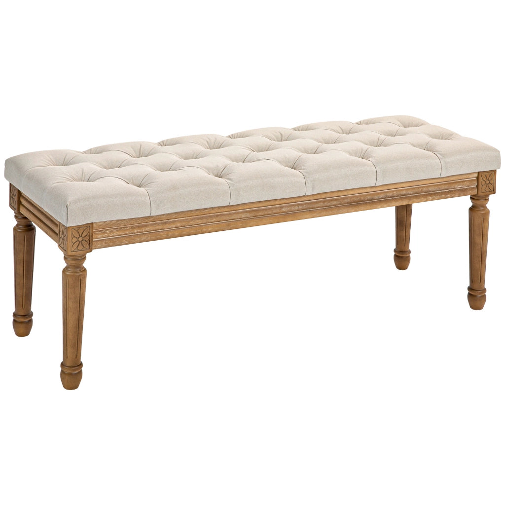 Panca da letto imbottita con bottoni e gambe in legno, stile francese, in poliestere bianco crema, 120 × 41 × 48 cm