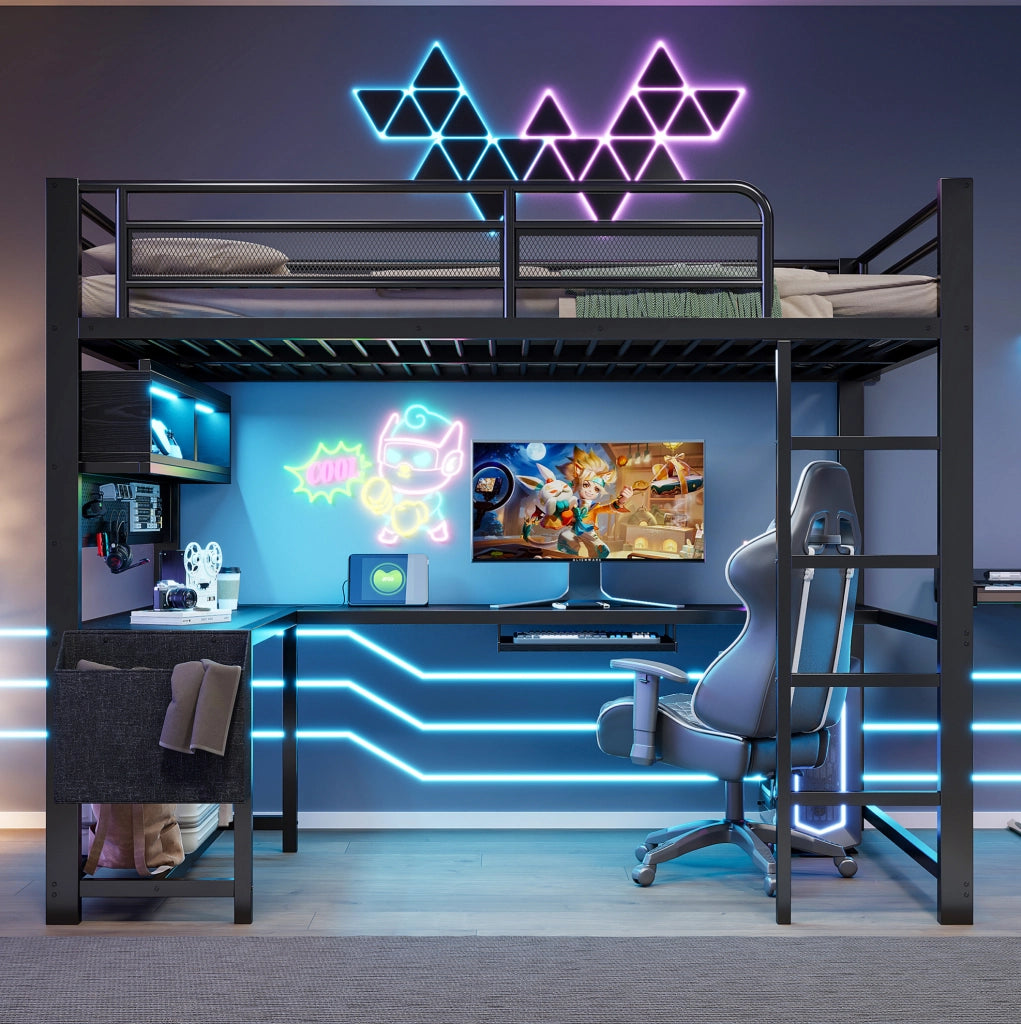 Letto a soppalco gaming 140x200 cm con scrivania, LED e prese USB in nero