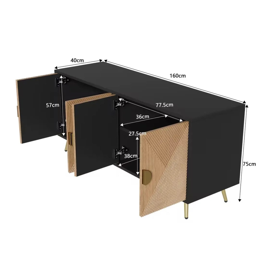 Sideboard 160 cm, 4 ante, maniglie spazzolate oro e gambe tavolo lucide