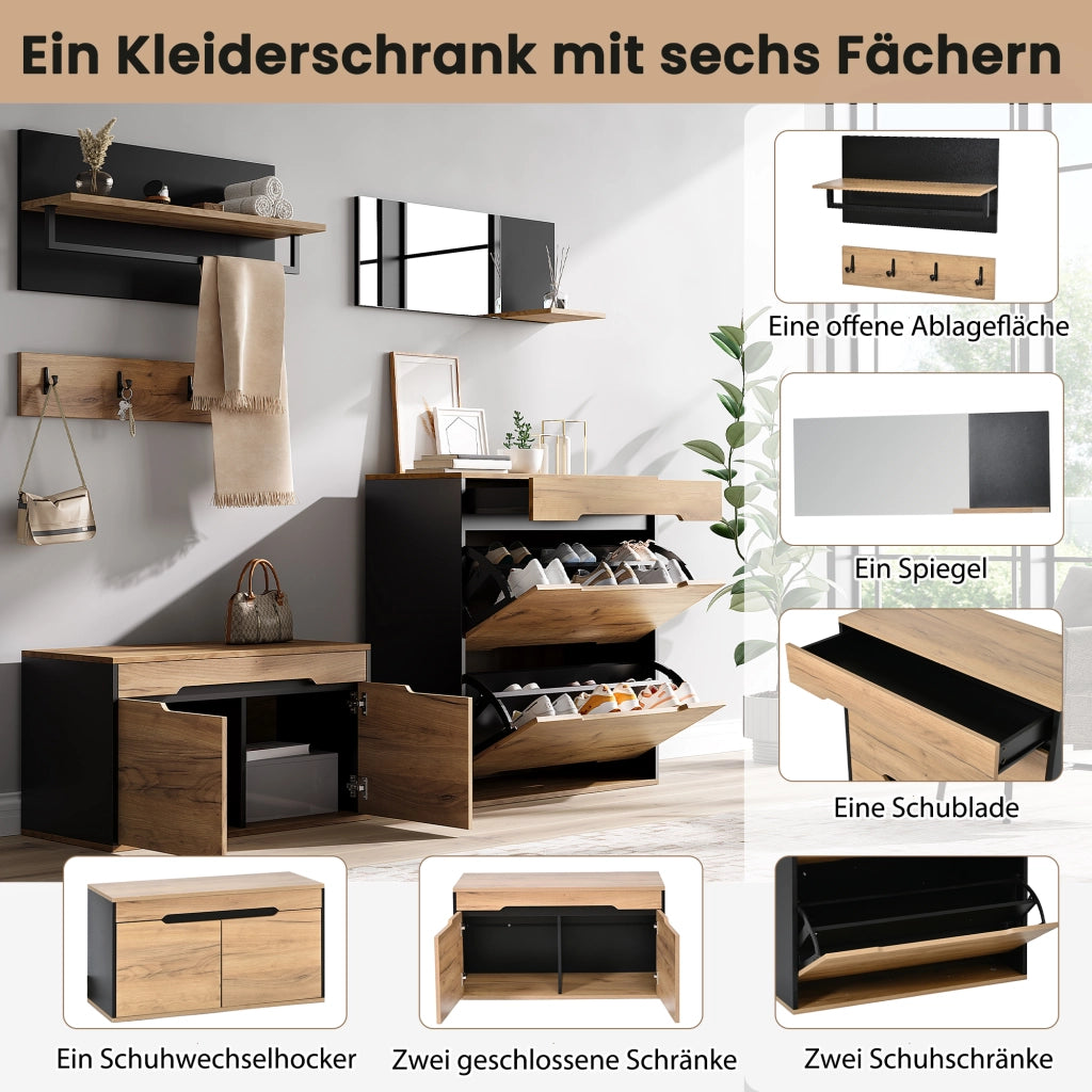 Set guardaroba con armadio, cassetto, specchio, 2 scarpiera, cappelliera e 4 ganci, scarpiera con panca, nero e legno, 156 x 36 x 176 cm