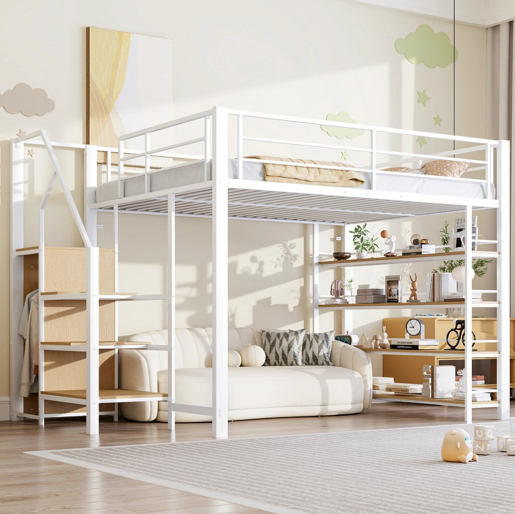 Letto a soppalco 140x200 cm con scala contenitore in metallo bianco