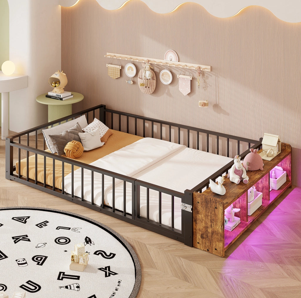 Letto singolo in metallo 140 x 200 cm con spondina di sicurezza e LED, colore nero