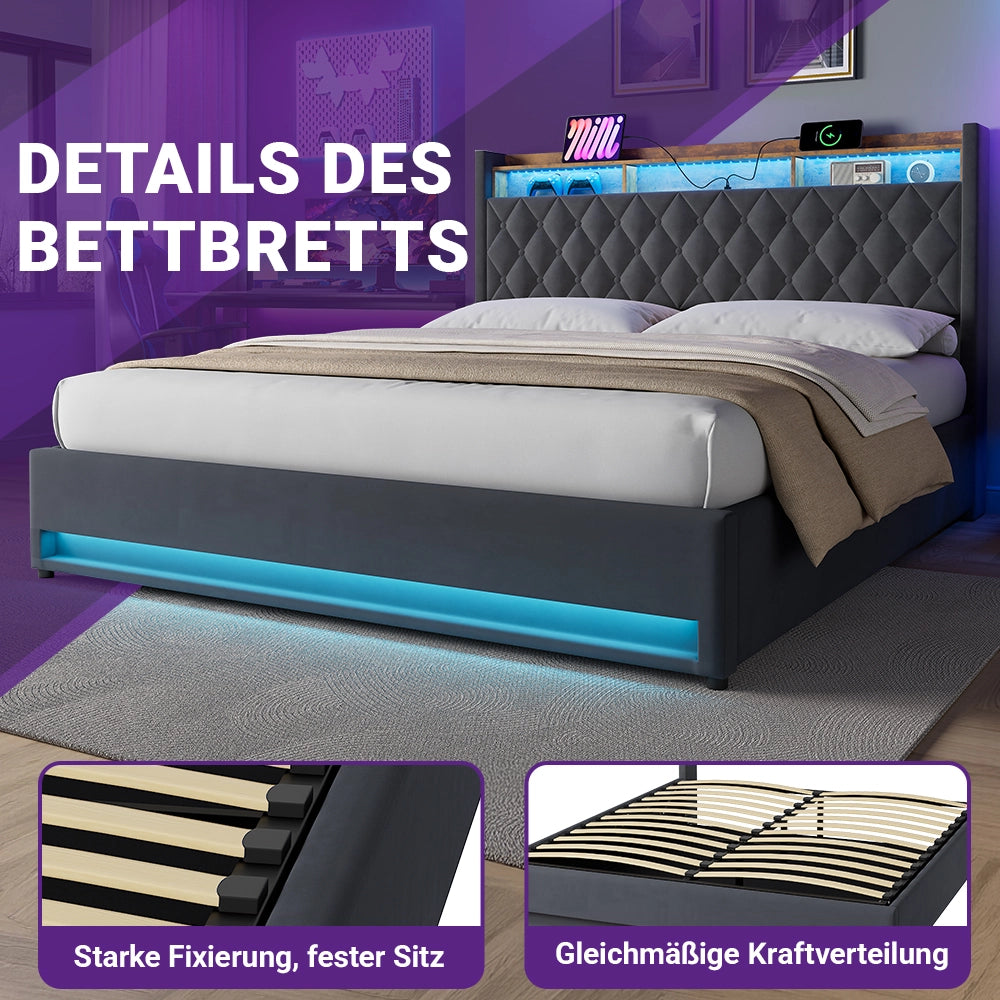 Letto contenitore 180x200 cm; LED RGB; porta USB; testiera imbottita; vano contenitore; mensola; velluto grigio; materasso escluso