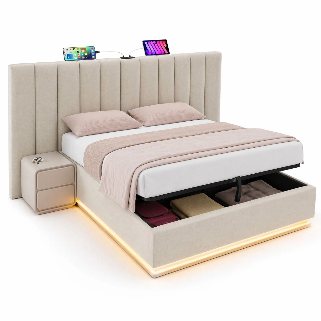 Letto contenitore 160x200 cm in lino beige, LED e USB-C, senza materasso/comodino