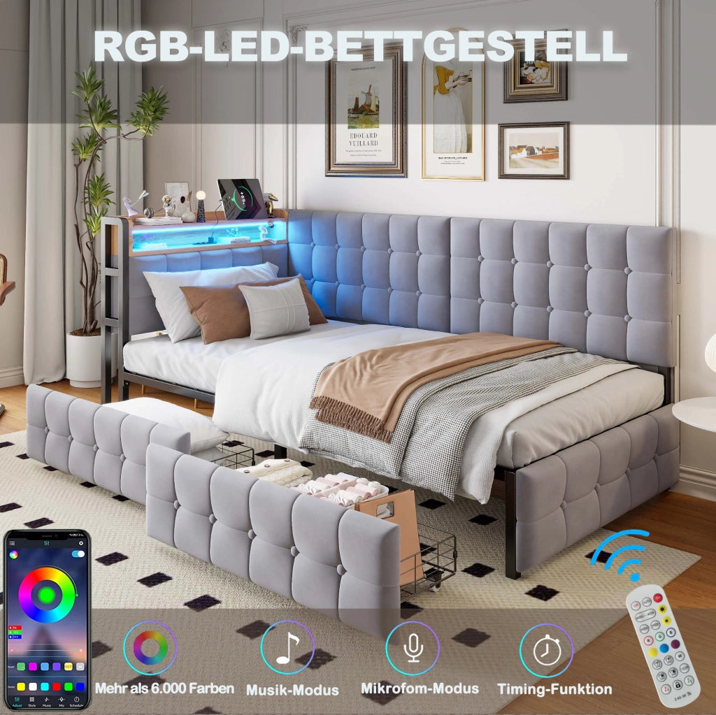 Divano letto imbottito 90x200 cm grigio con LED; 2 cassetti; USB e Type-C