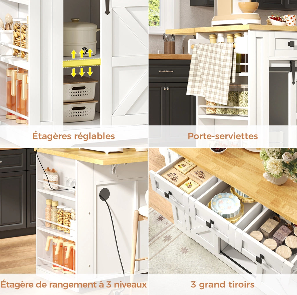 Isola da cucina mobile in MDF con ripiano pieghevole, 130×50(80)×87 cm, con ruote e prese integrate