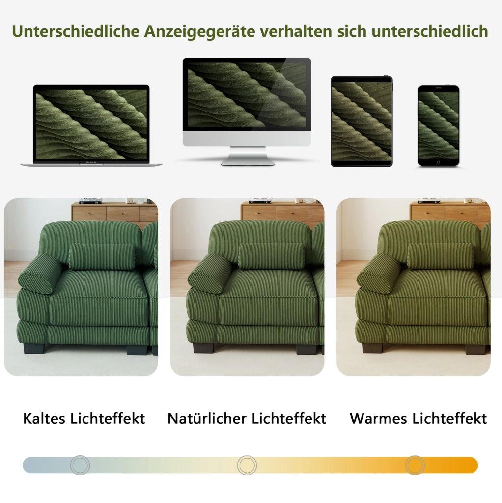 Divano modulare 3 posti 265x88;5x94 cm in velluto a coste verde con braccioli