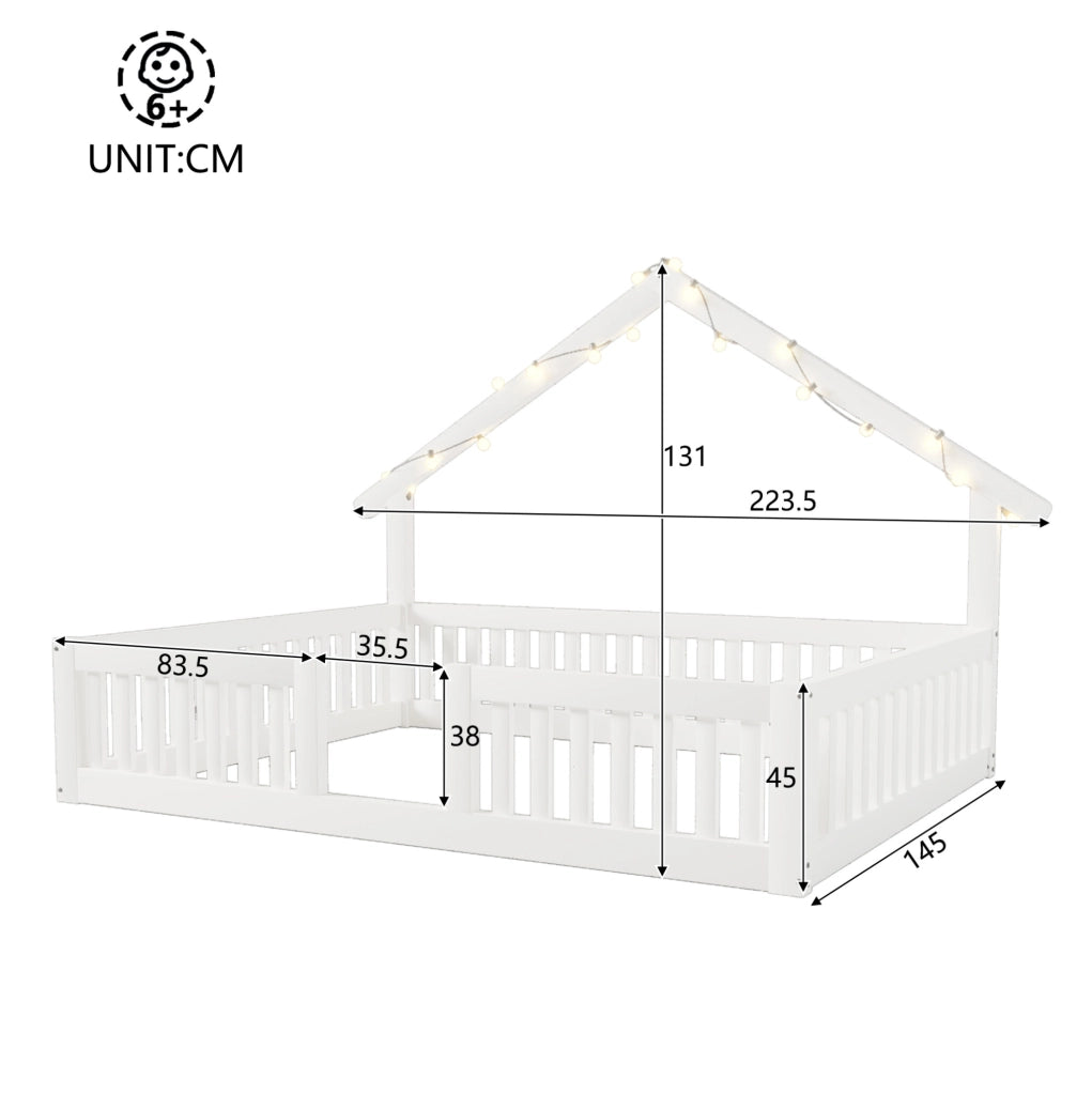 Letto casa in legno bianco 140x200 cm con protezione anticaduta e luci LED