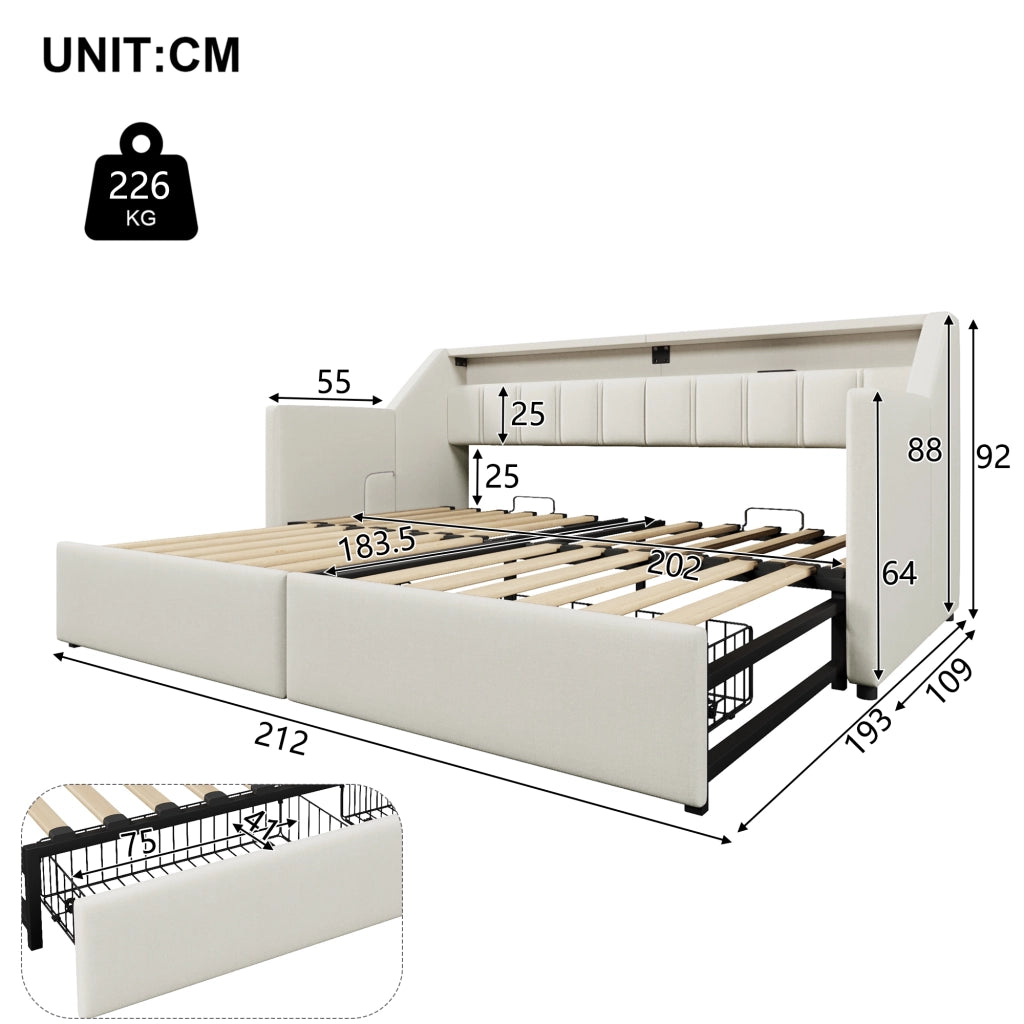 OKWISH Letto a Scomparsa 90×200 cm, Letto Singolo con USB, Tipo C, LED Regolabile, 2 Cassetti e Tasche Contenitore, senza Materasso, Beige