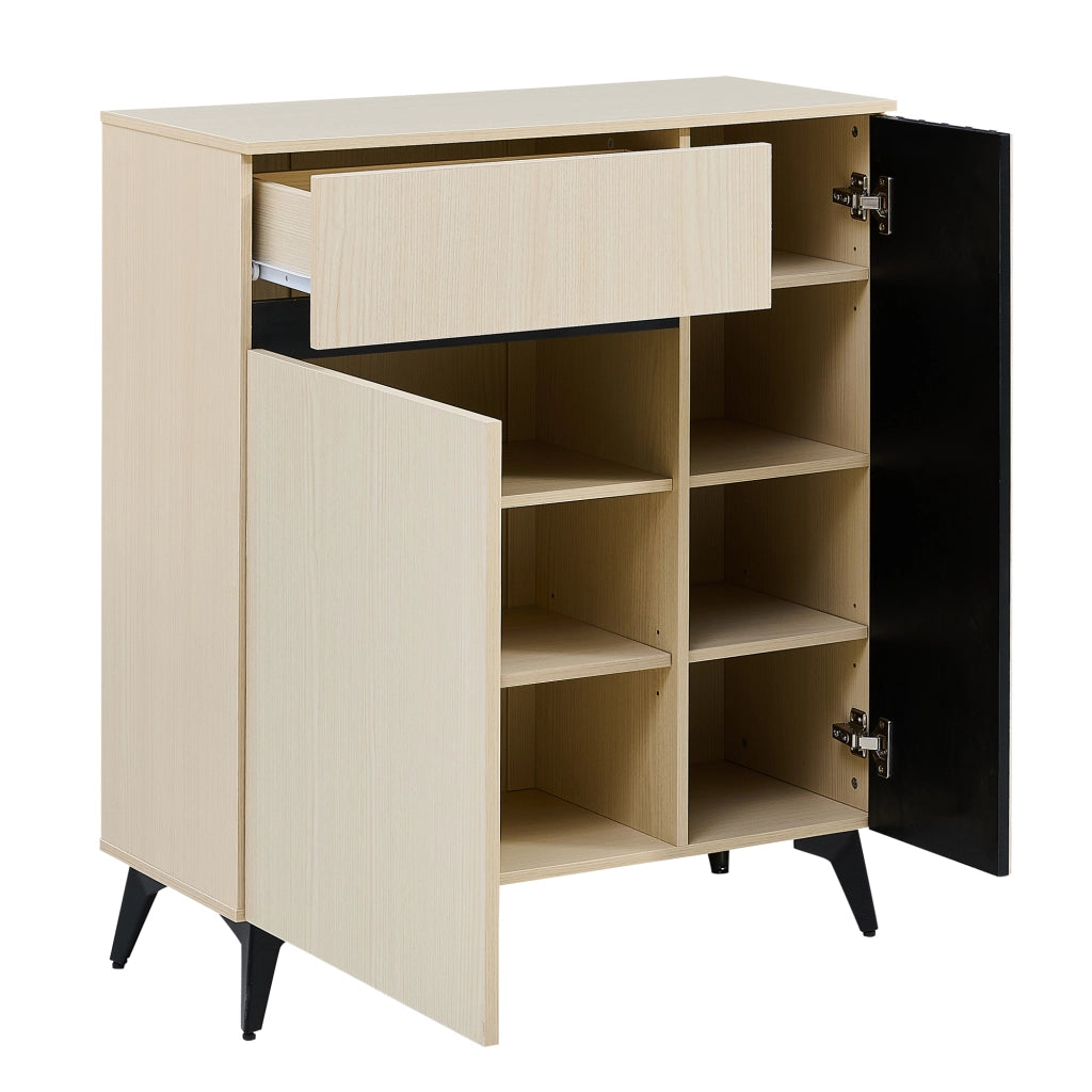 Scarpiera 2 ante e 1 cassetto in legno chiaro，mobiletto ingresso con ripiani regolabili，75x35x90 cm