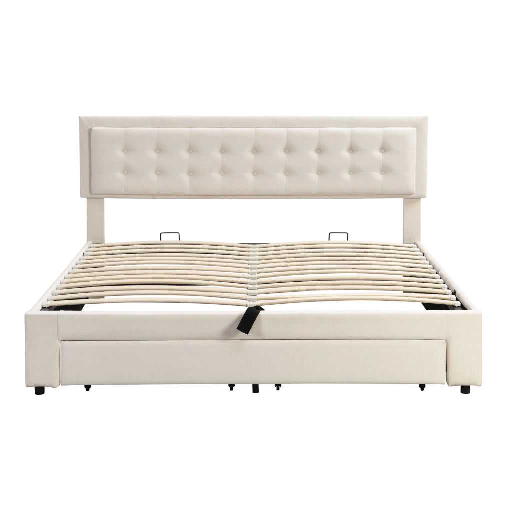 Letto matrimoniale imbottito in velluto beige 180x200 cm con contenitore e cassetti YEAVIO