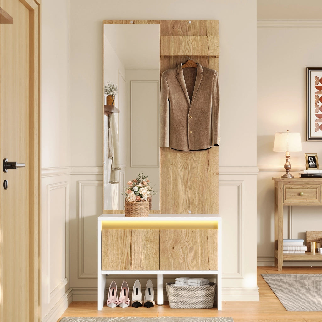 Mobile ingresso con specchio; 2 cassetti e ganci - per ingresso - 60x38x145 cm - bianco e naturale
