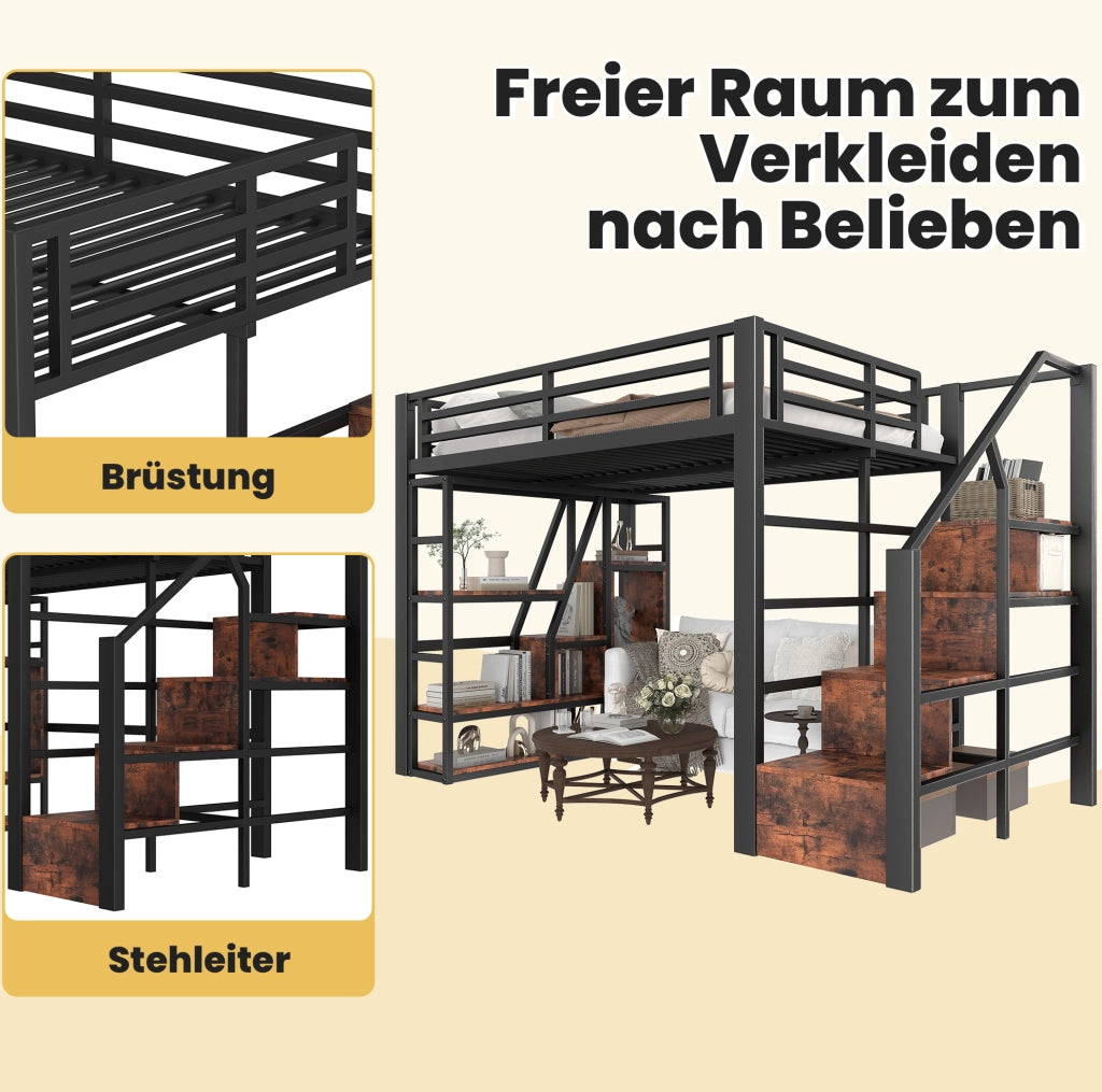 Letto a soppalco 140x200 cm con LED; scala con contenitore e ripiani in metallo e MDF; nero
