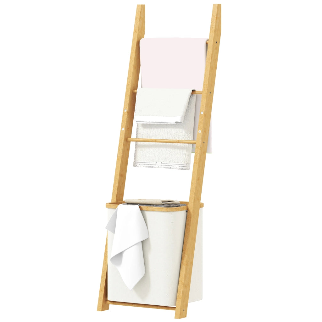 Portasciugamani a Terra in Bamb¨´ con 3 Barre e Cestino per Biancheria Estraibile 48 L Crema ¨C Minimal ¨C 42x42x160 cm