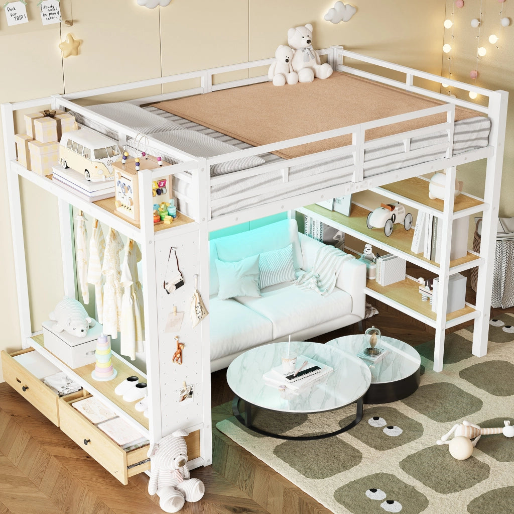 Letto a soppalco in metallo 140x200 cm con armadio aperto, scaffali, pannello forato e illuminazione LED bianco