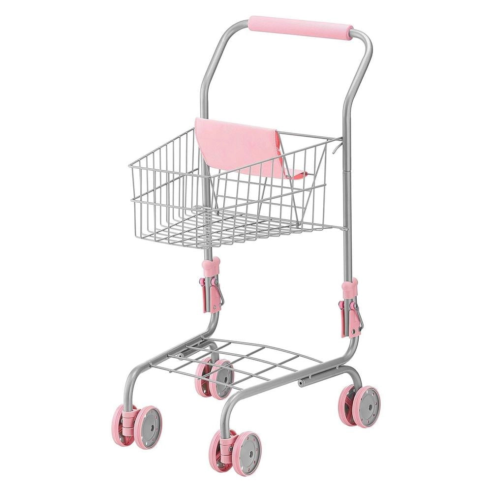Carrello Spesa Giocattolo Bambini 3+ Anni Metallo Sedile Bambole Ruote Cestino a Rete Gioco Negozio