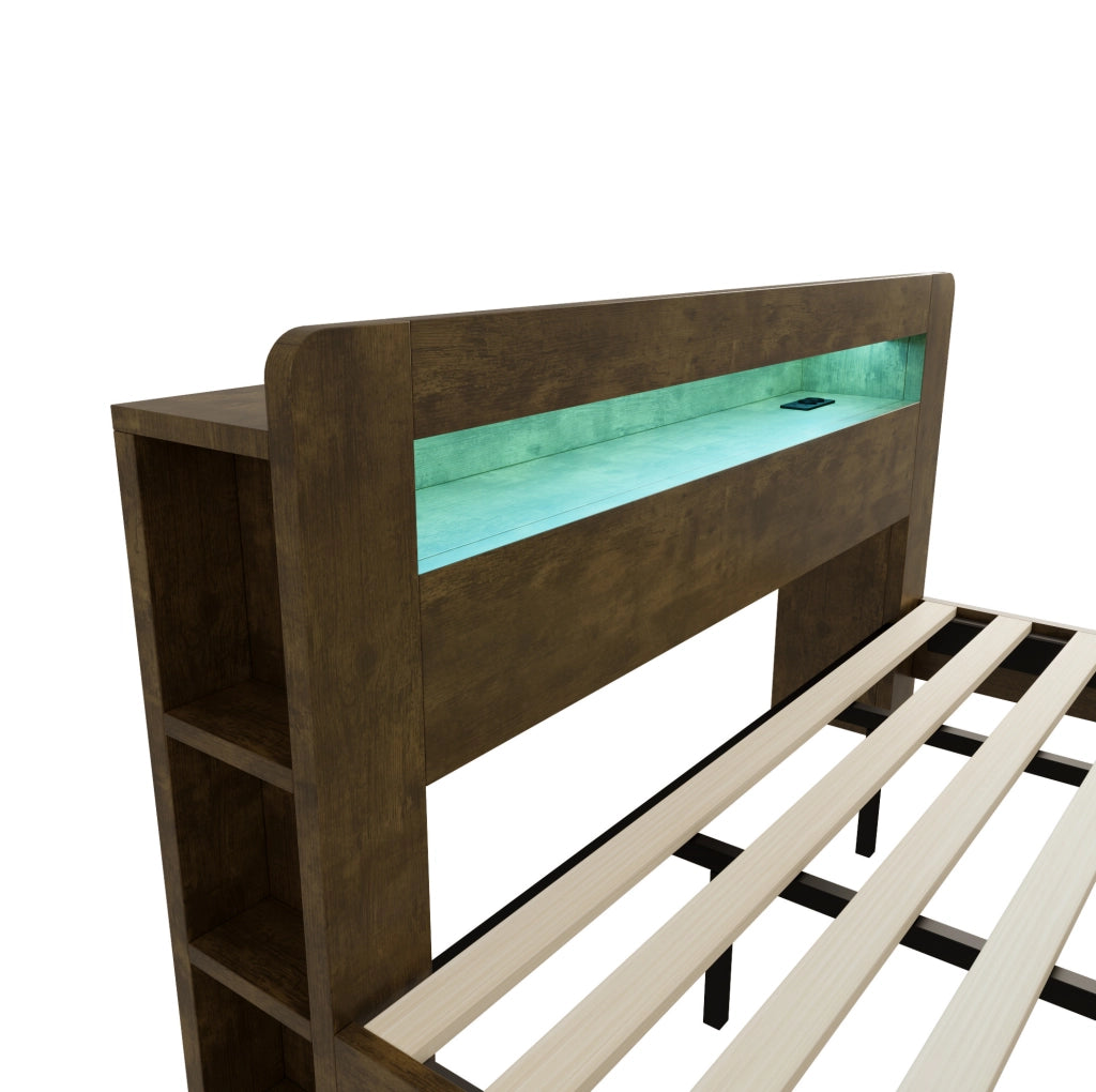 Letto in legno con testiera contenitore, illuminazione LED e prese integrate 180x200 cm Vintage