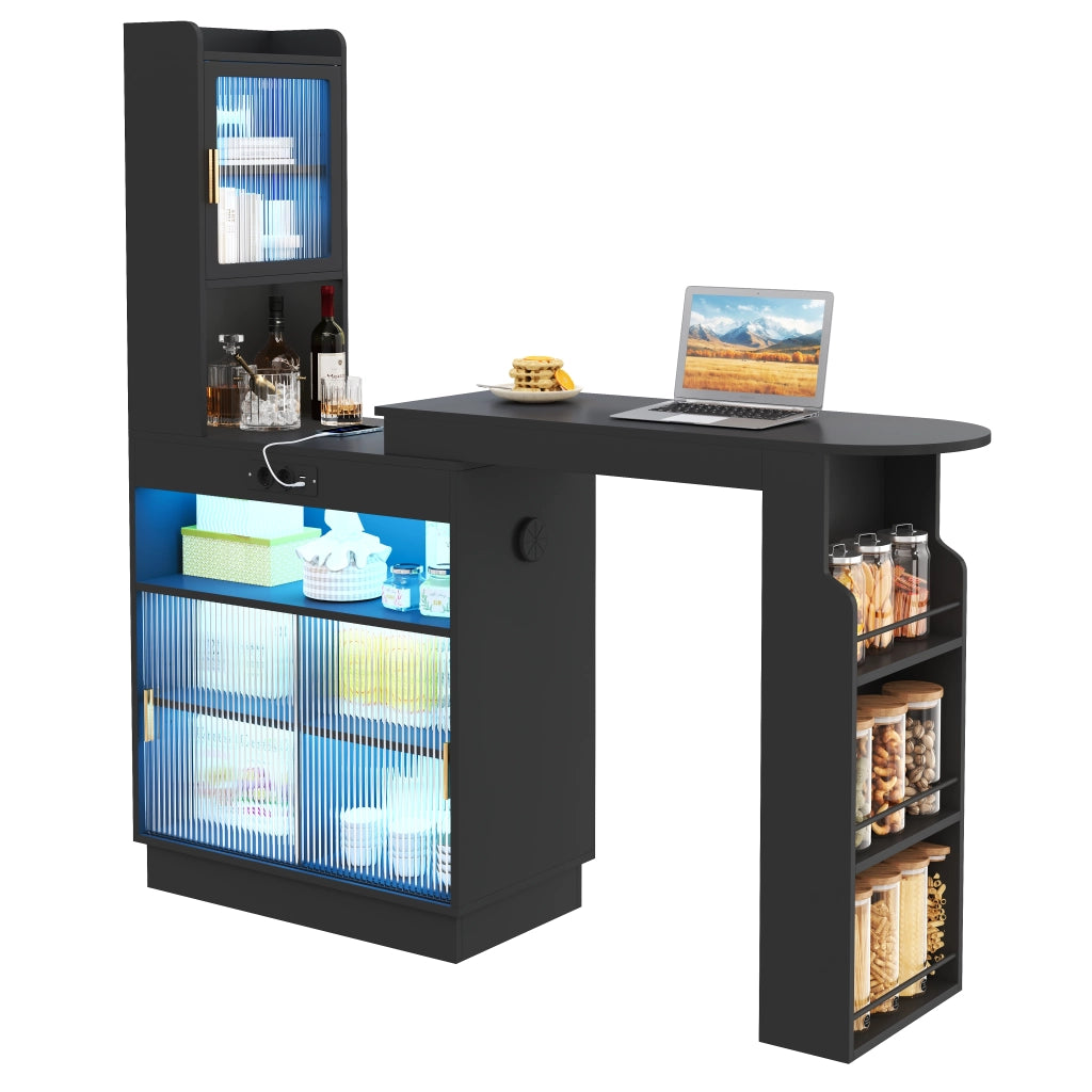 Tavolo alto allungabile con contenitori LED; prese; USB e USB-C in MDF nero 131–170 × 40 × 170 cm