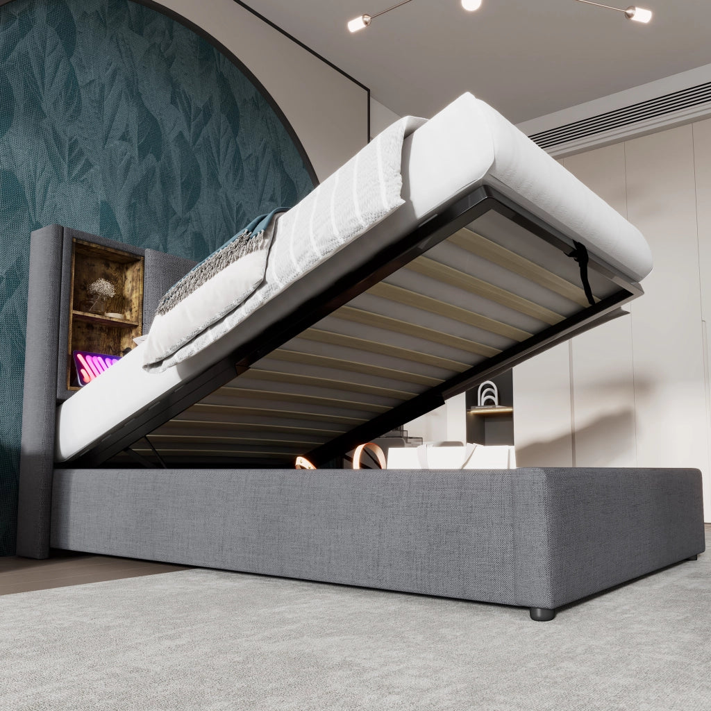 Letto Singolo 90x200 Imbottito Grigio con Contenitore e Ricarica Wireless