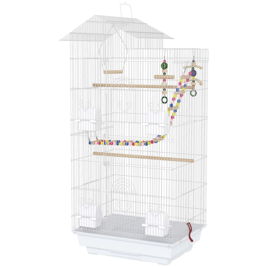 Gabbia per Uccelli ¨C Xylo ¨C 4 Mangiatoie 3 Posatoi Altalena Scale Vassoio Estraibile 46x36x100 cm Bianco