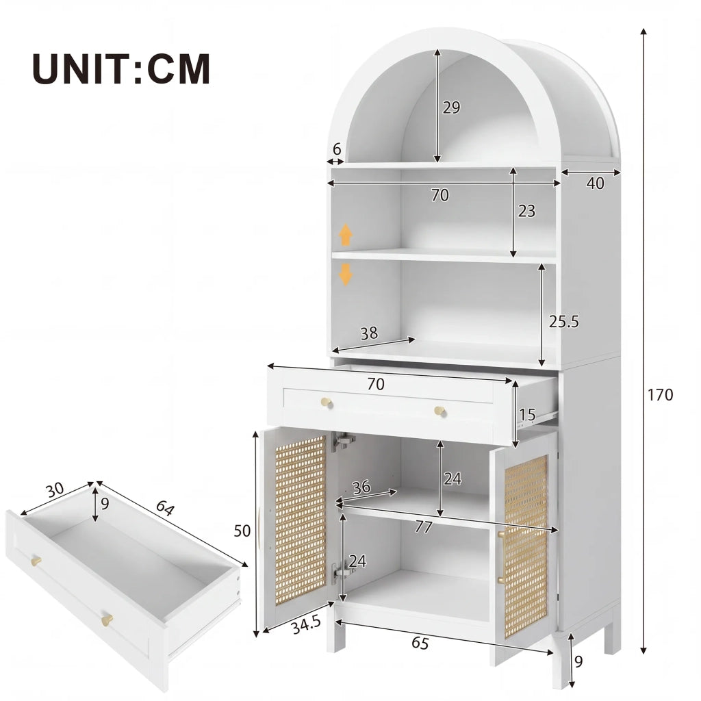 Vetrina moderna ad arco 70x40x170 cm, bianco e legno, ante in rattan, 3 vani espositivi, 2 ante, 1 cassetto, per soggiorno e ingresso