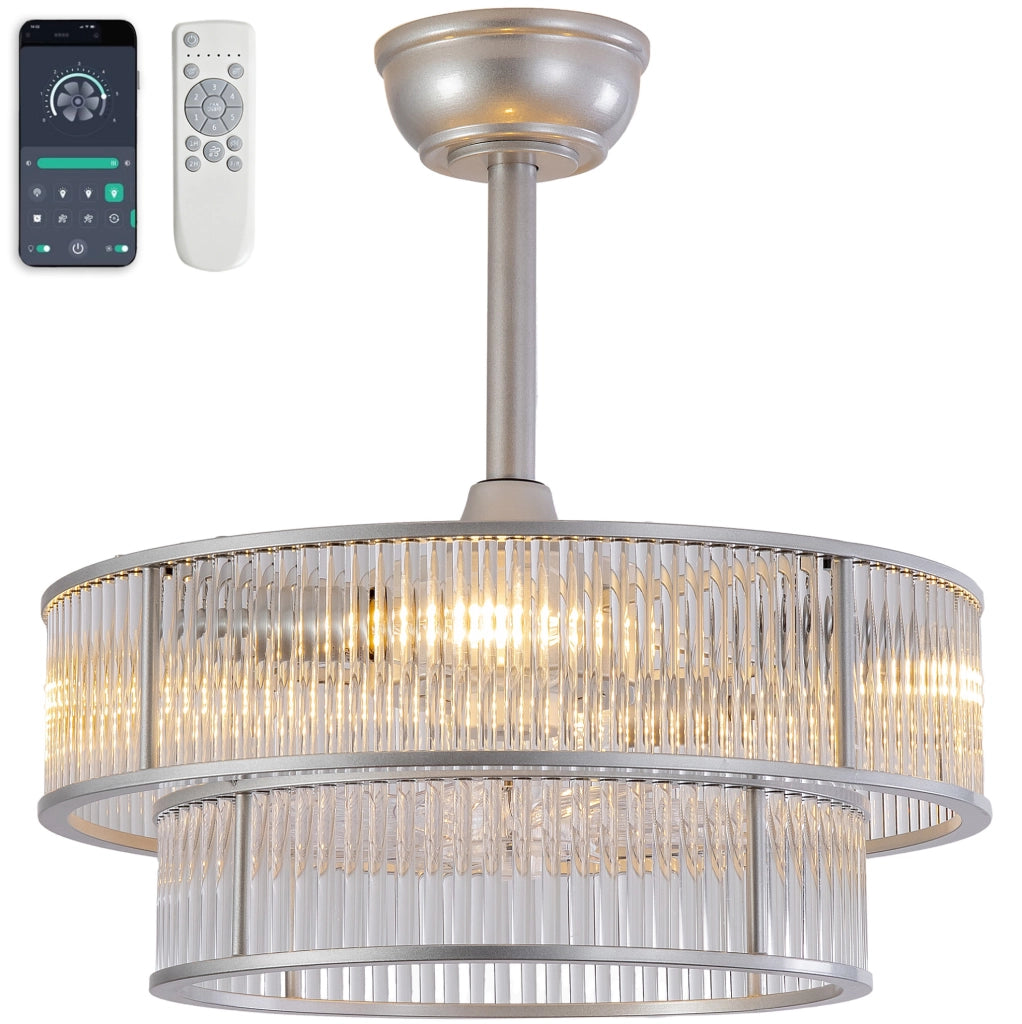 Ventilatore da soffitto con luce e cristalli; 19 pollici; argento; metallo e vetro