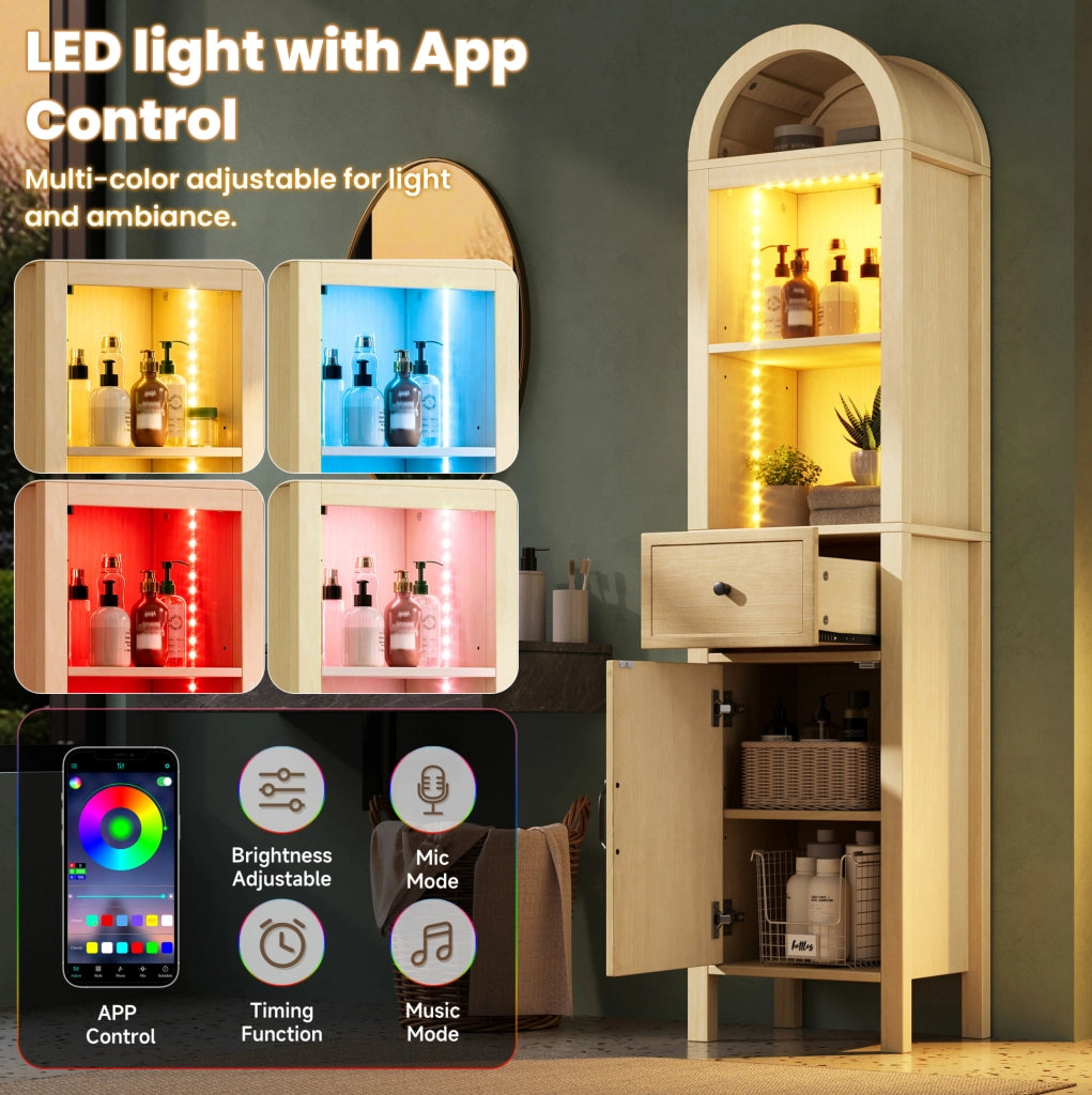 Armadio alto da bagno 163 cm in MDF con LED RGB, anta reversibile e cassetto, colore legno naturale