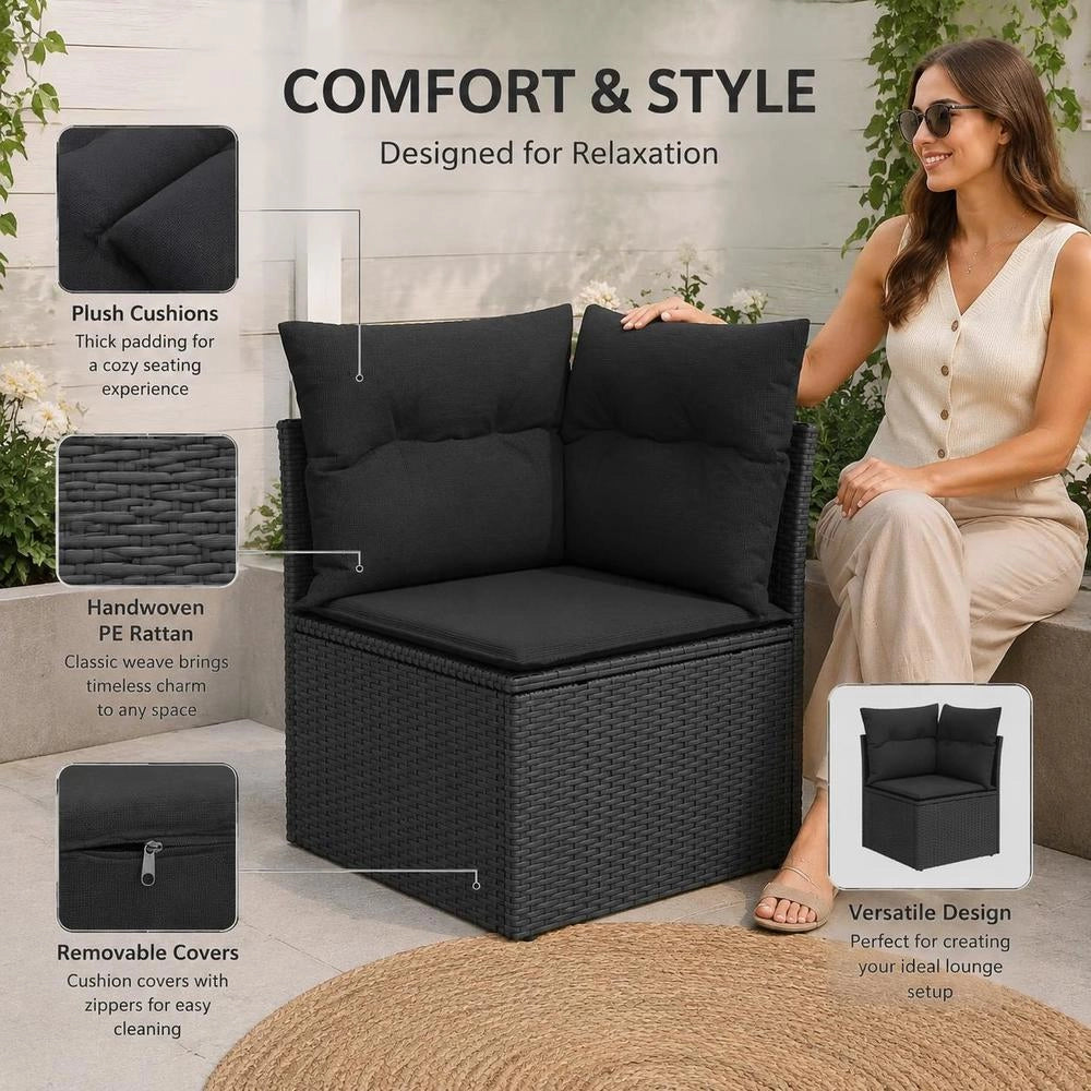 Garden Sofa Corner Unit With Cushions, Black Poly Rattan