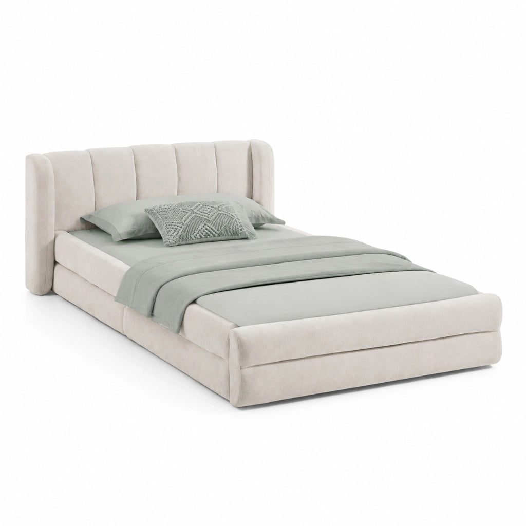 Letto 90 × 200 cm con testiera imbottita in ciniglia beige struttura rinforzata portata massima 200 kg senza materasso