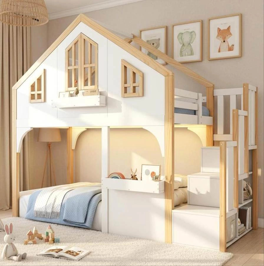 Letto soppalco bimbi 90x200 in legno bianco con LED e scala contenitore