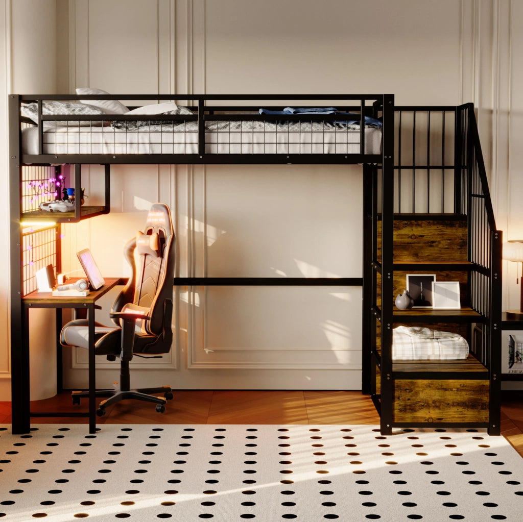Letto a soppalco 90x200 cm con scrivania LED; prese e scala contenitore nero