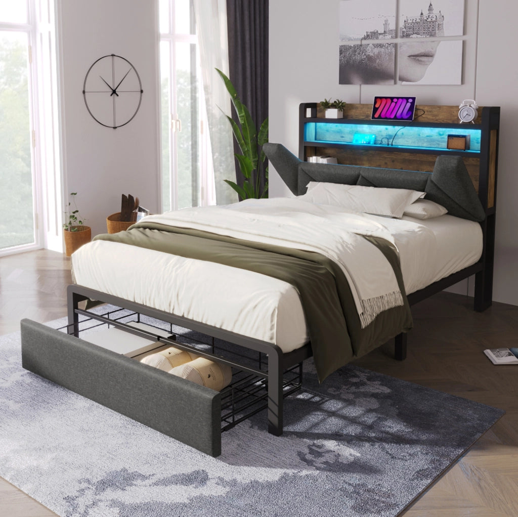 Letto singolo 90x200 con testiera contenitore, LED, USB-C e materasso incluso