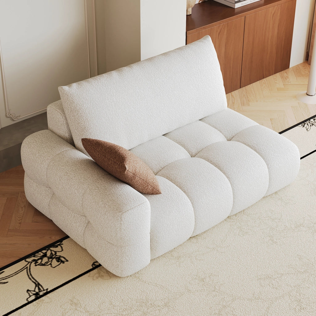 Divano modulare con chaise longue in tessuto effetto vellutato, colore bianco crema, senza montaggio