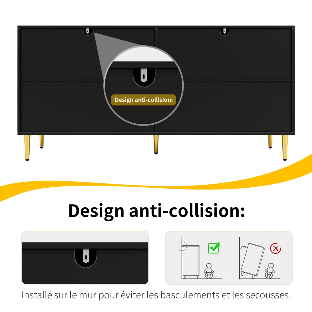 Credenza con 4 ante, 2 cassetti e vani contenitore, frontali ondulati per soggiorno, in MDF nero, 152 × 40 × 75 cm
