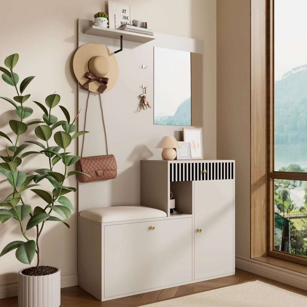 Set mobile ingresso compatto con specchio e cuscino imbottito, armadio per corridoio, parete attrezzata, scaffale e scarpiera, 110 x 185,5 x 37 cm
