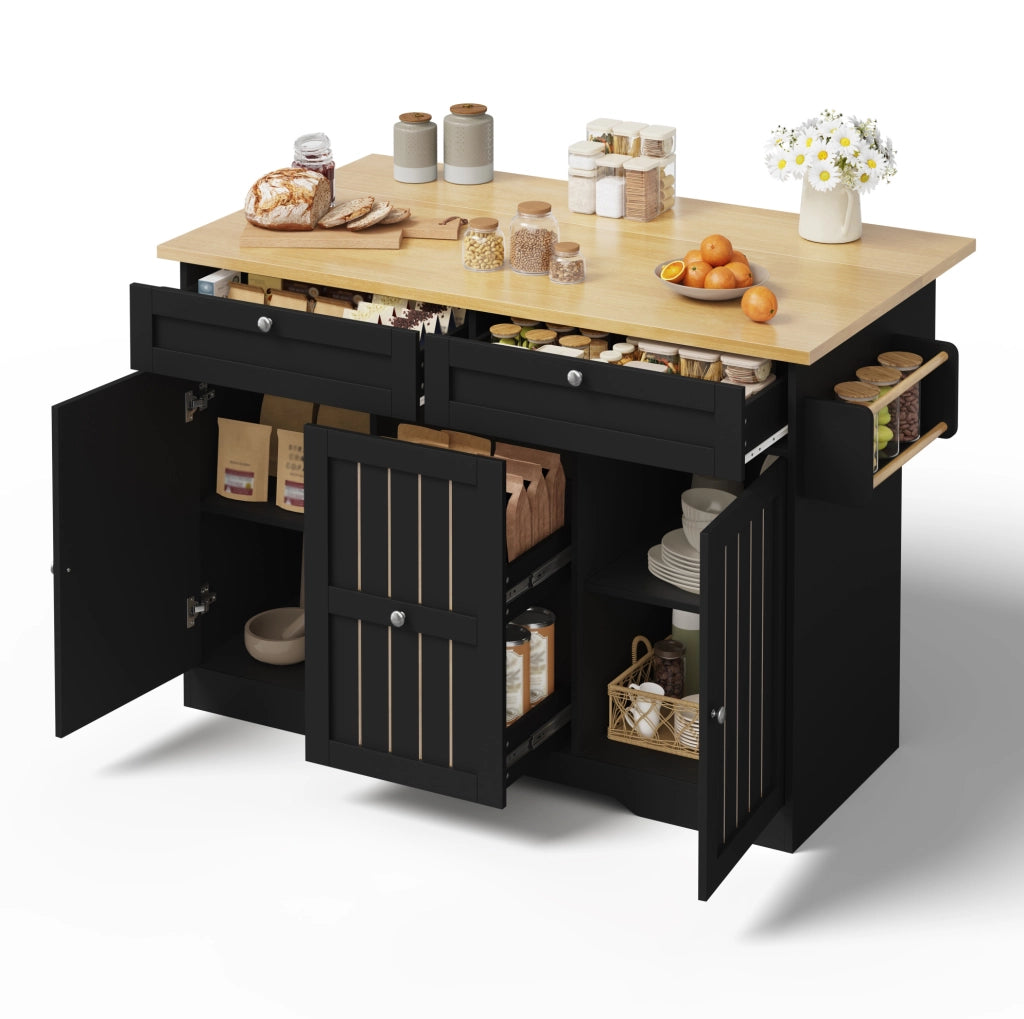 Isola cucina mobile con piano ribaltabile; 2 cassetti grandi; ruote bloccabili; MDF; nero