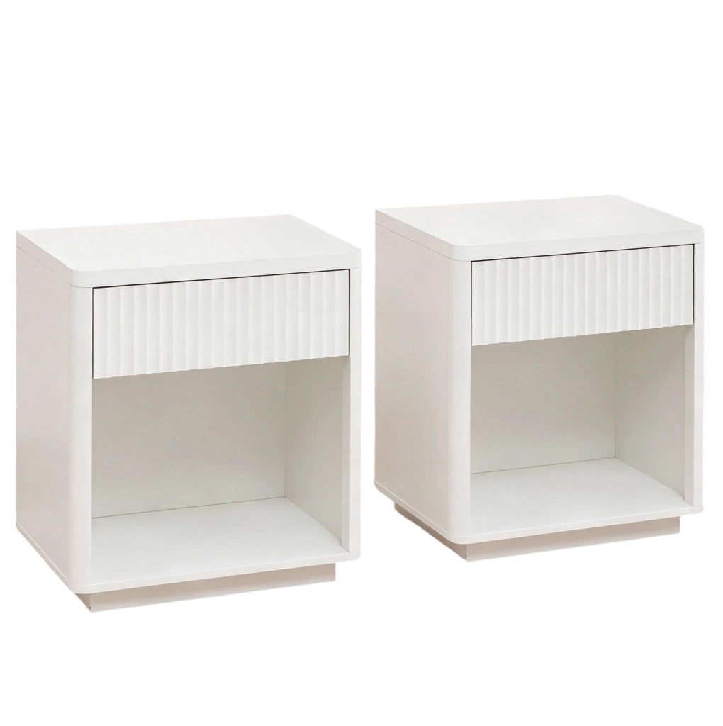 Set da 2 Comodini con Cassetto e Ripiano Aperto, Tavolino da Camera con Design a Pannelli Increspati, Struttura in Legno Robusto 63,5x38x46,5 cm