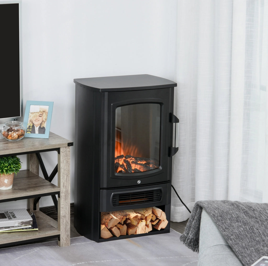 Camino Elettrico Nero con Effetto Fiamma Realistico, Termostato, 1000/2000 W, per Ambienti fino a 25 mq, 44,5x32,1x74 cm