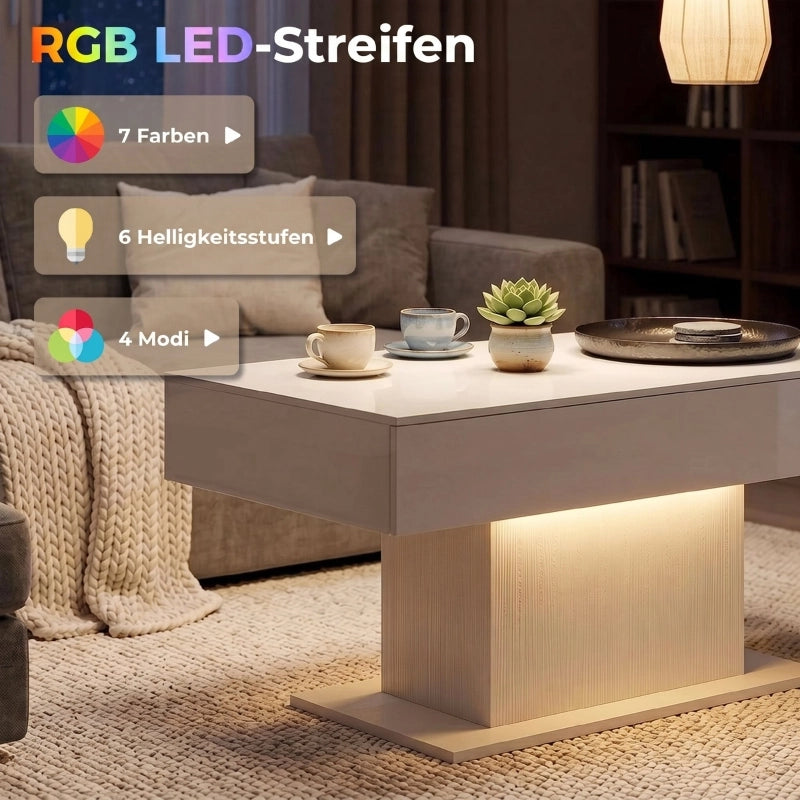 Tavolino basso fisso con LED RGB 7 colori; 2 cassetti senza maniglie in legno ingegnerizzato bianco lucido