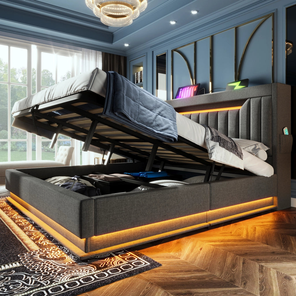 Letto matrimoniale 140 × 200 cm contenitore con materasso lino grigio LED USB e Type-C