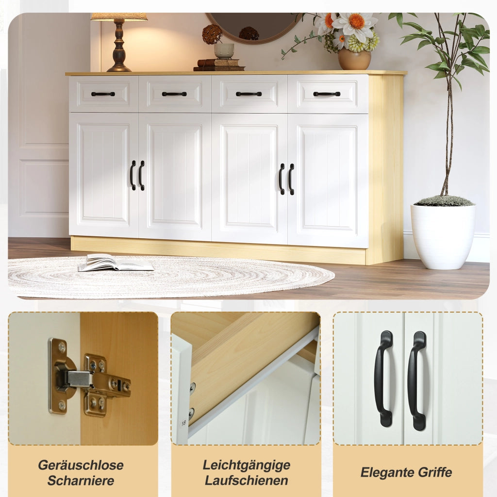 Madia con 4 ante e 4 cassetti ripiani regolabili in MDF bianca con maniglie in metallo 160 × 35 × 80 cm
