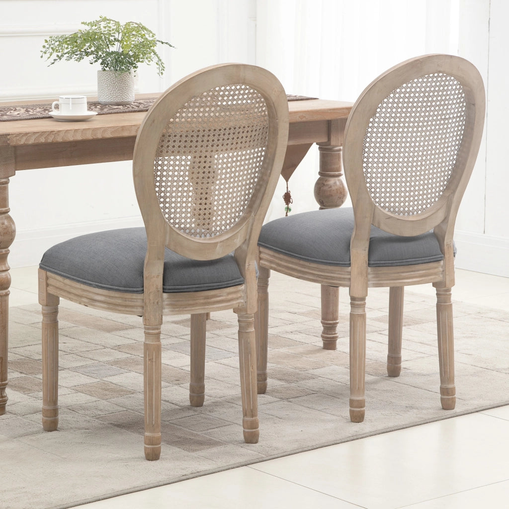 Set 2 Sedie Sala da Pranzo 49x56x96 cm con Schienale in Rattan Traforato Gambe in Legno in Tessuto Effetto Lino Grigio