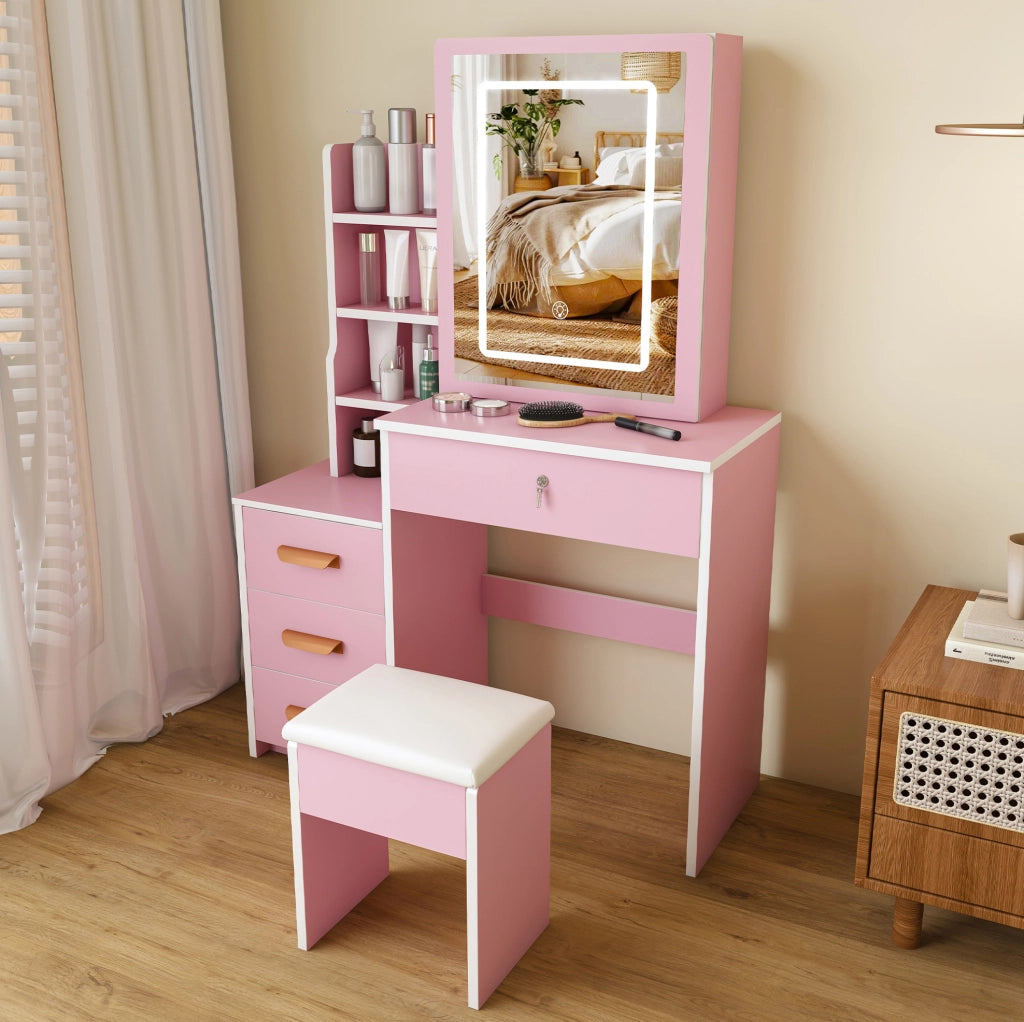 Toeletta da trucco rosa in MDF con specchio LED, sgabello e illuminazione regolabile