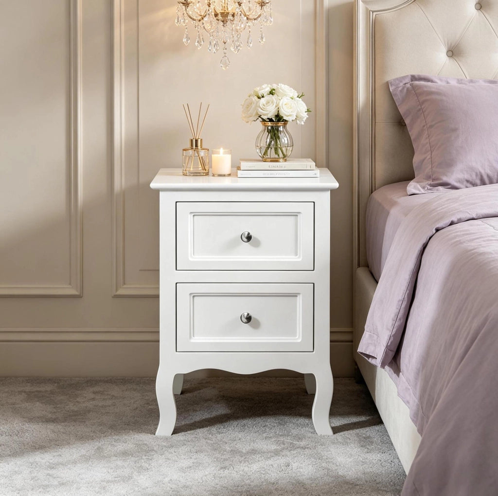 Nightstand moderno bianco con due cassetti in MDF laccato, 40x60x30 cm
