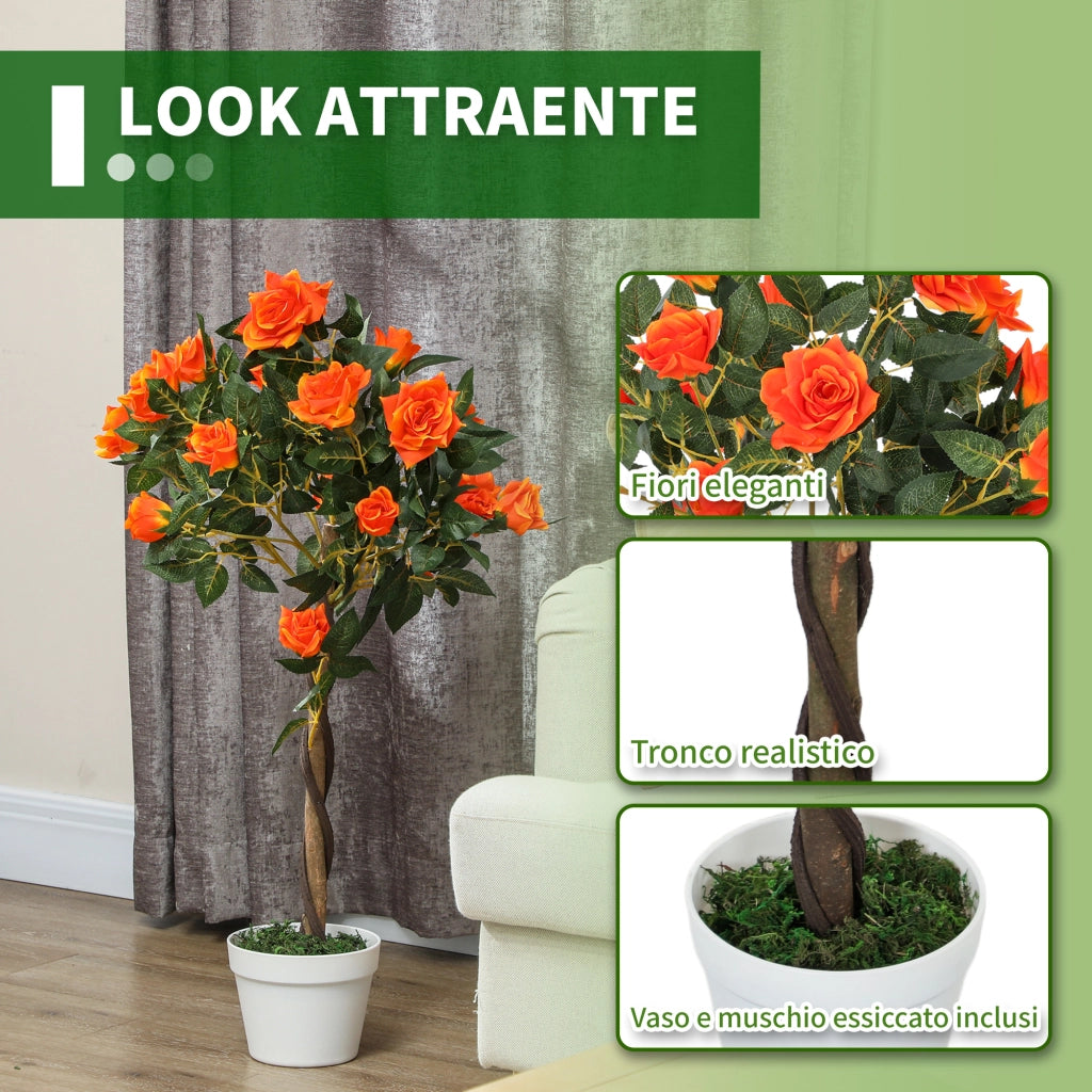 Pianta Finta di Rosa da 21 Fiori con Vaso Riempito in Cemento e Muschio, ?18x90 cm, Arancione