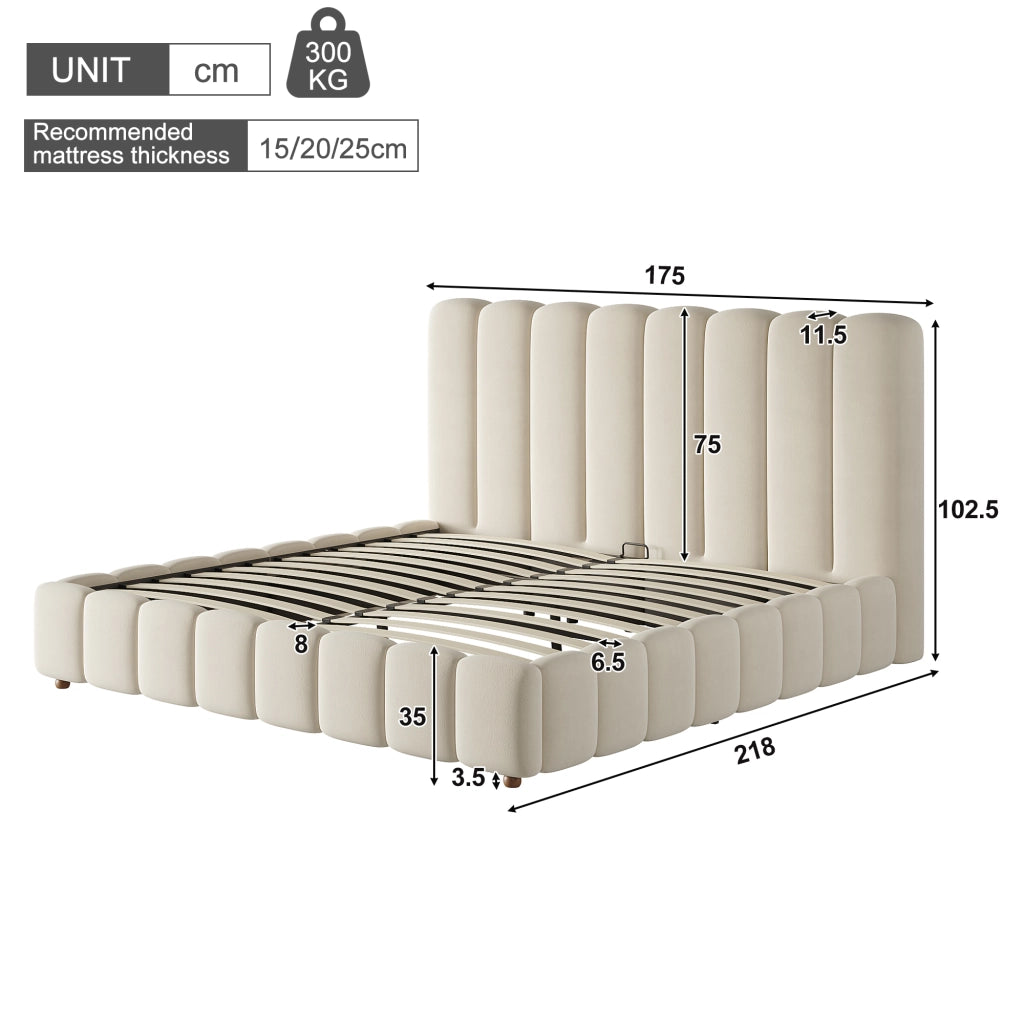 Letto contenitore 160x200 cm in velluto beige con testiera a righe e rete a doghe